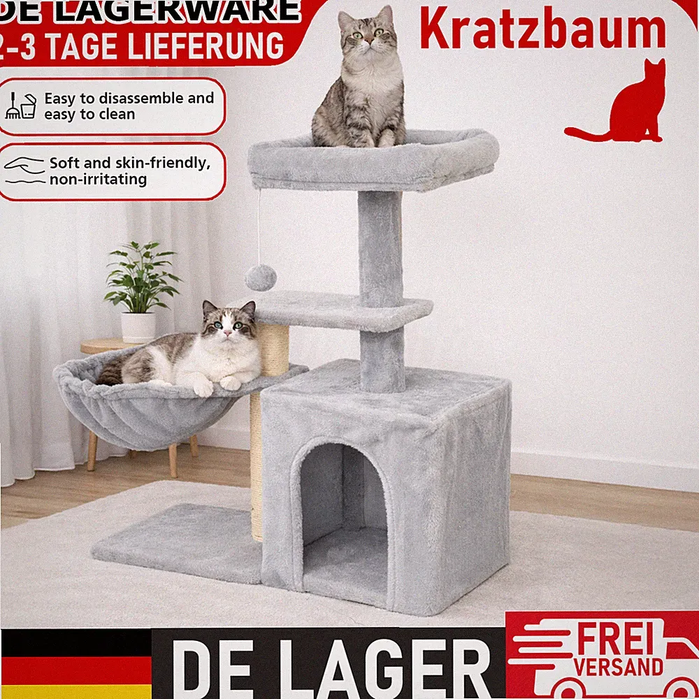 Kratzbaum mit 3-stöckiger Struktur oder Katzenhaus, Sisalpfosten & Höhle in Grau