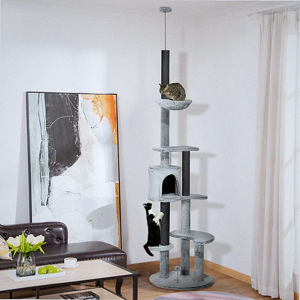 Kratzbaum mit Deckenspanner, Hängematte, Haus, Plattformen, Spielball, 225-255cm