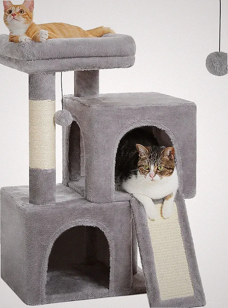 Kratzbaum mit Dual Condos, Sitzstange und Bällen Grau 77cm
