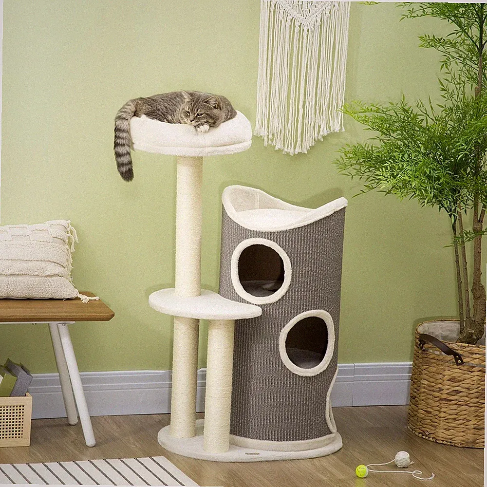 Kratzbaum mit Katzenbett u, Kratztonne für Katzen, 60 cm x 44,5 cm x 109 cm, Gra