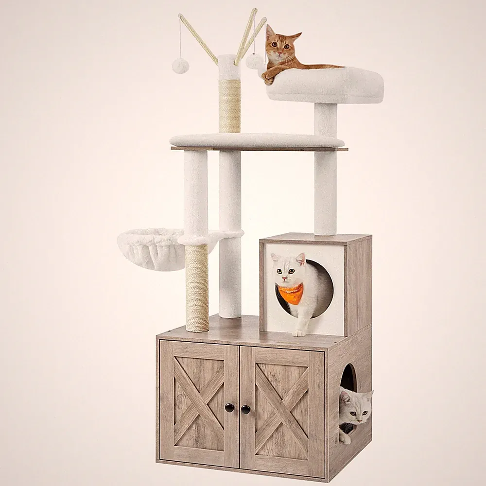 Kratzbaum, mit Katzenklo-Schrank, 150 cm hoch, waschbares Kissen