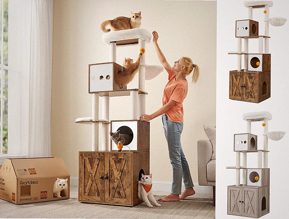 Kratzbaum mit Katzenklo-Schrank, 185cm, Kratzsäule, Plattform waschbares Kissen