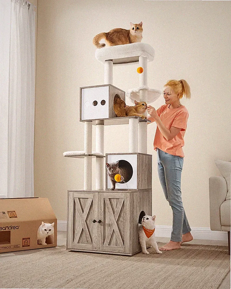 Kratzbaum mit Katzenklo-Schrank, 185cm, Kratzsäule, waschbares Kissen TCP116G01