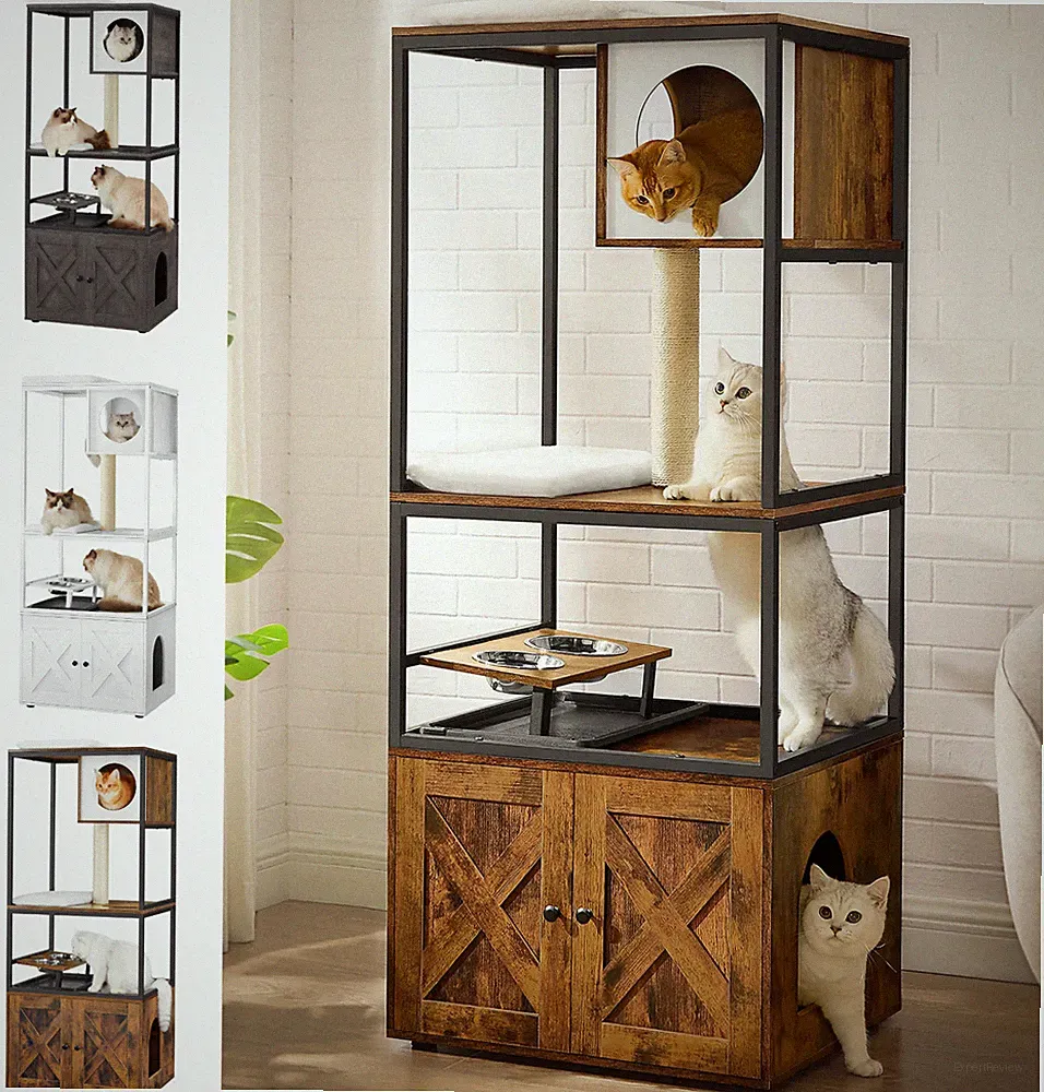 Kratzbaum mit Katzenklo-Schrank erhöhter Napfständer Sisalstamm
