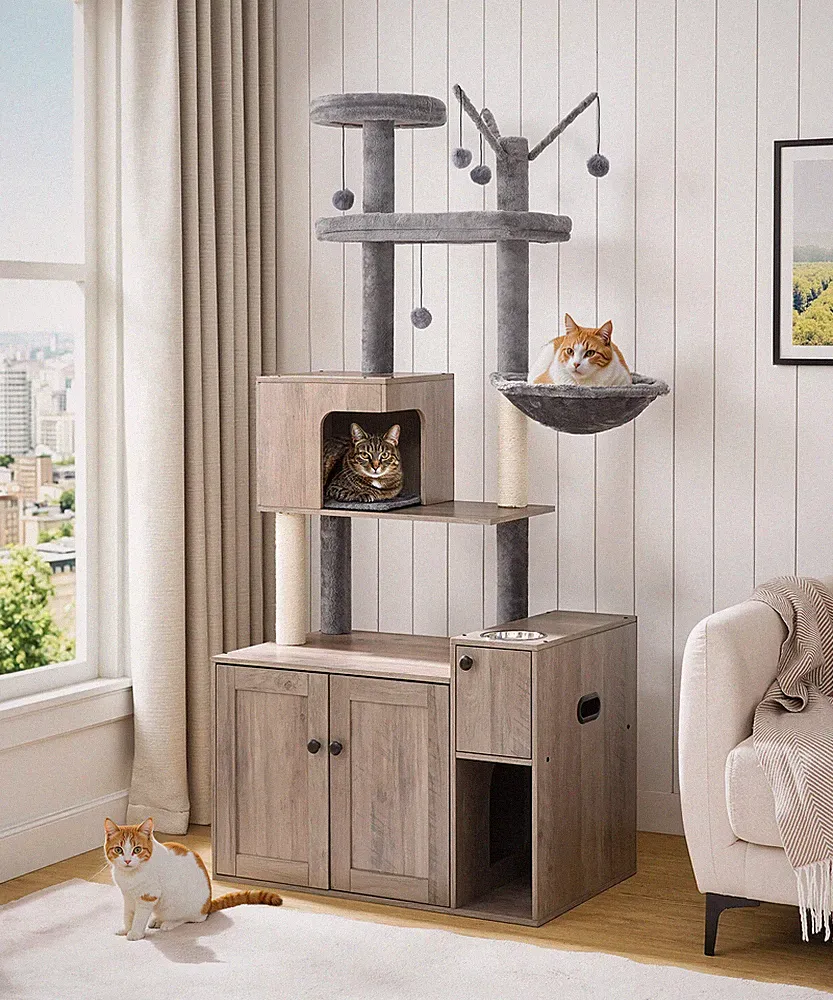 Kratzbaum mit Katzenklo-Schrank Katzenbaum Katzentoilette 80 x 48 x 175 cm Grau