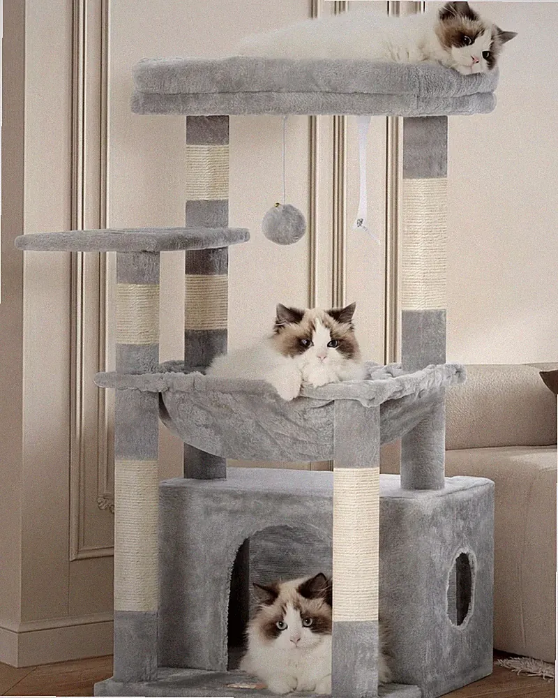 Kratzbaum mit Katzenkorb Katzenkratzbaum mit Katzenbett und Schlafplatz Hellgrau