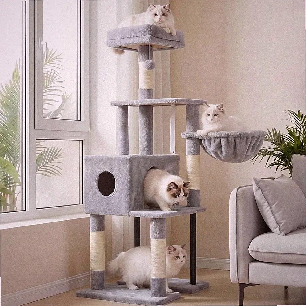 Kratzbaum mit Spielzeug, 125 cm Katzenturm für Indoor Katzen einfach zusammenzubauen