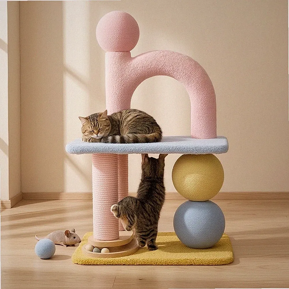 Kratzbaum mit Spielzeug platzsparend Katzenbaum mit Ball freistehend für Wohnung
