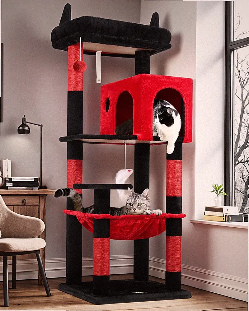 Kratzbaum Schwarz Rot mit Extragroße Hängematte 45*40cm, Große Katzenhaus, Ge...