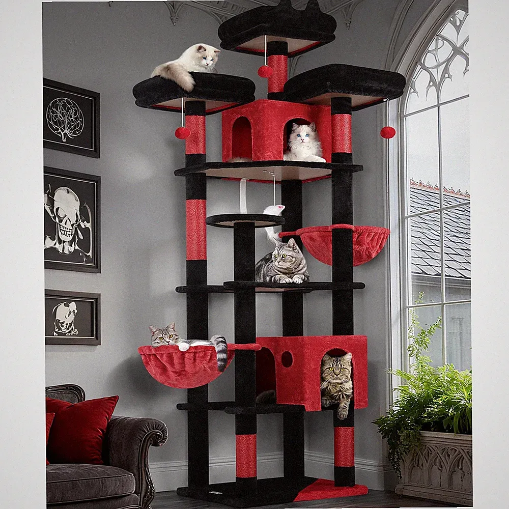Kratzbaum Schwarz Rot XXL Große 209 cm mit 3 Gepolsterte Sitzstangen, 2 Katze...