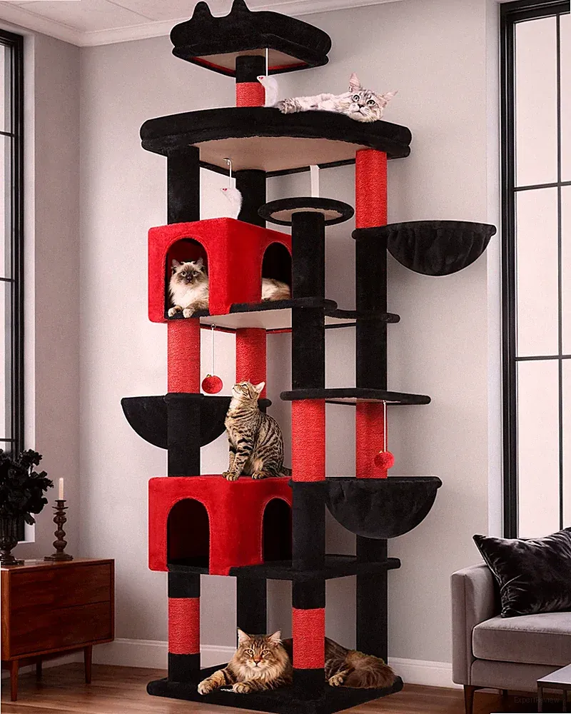Kratzbaum Schwarz Rot XXL hoch 209 cm mit 2 Katzenhaus, Große Plattform, 3 Ko...