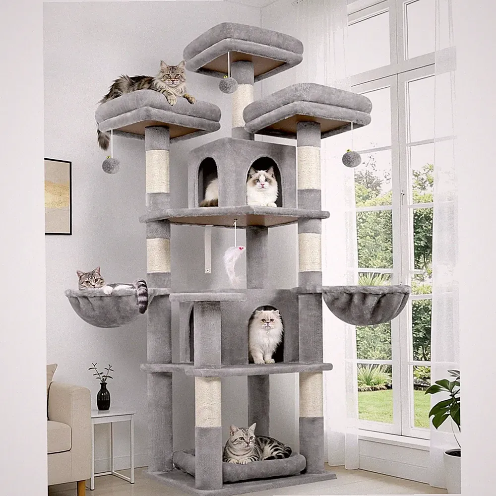 Kratzbaum Stabil 174 cm mit 3 Gepolsterte Sitzstangen, 2 Katzenhaus, 2 Korb,...