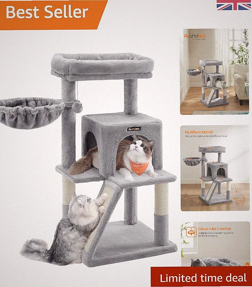 Kratzbaum Turm, verbreiterte Sitzstange für große Katzen, hellgrau