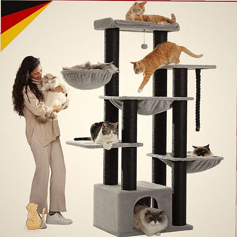 Kratzbaum XXL 170cm Schwarz Mehrere Ebenen Hängematte Höhle für Katzen