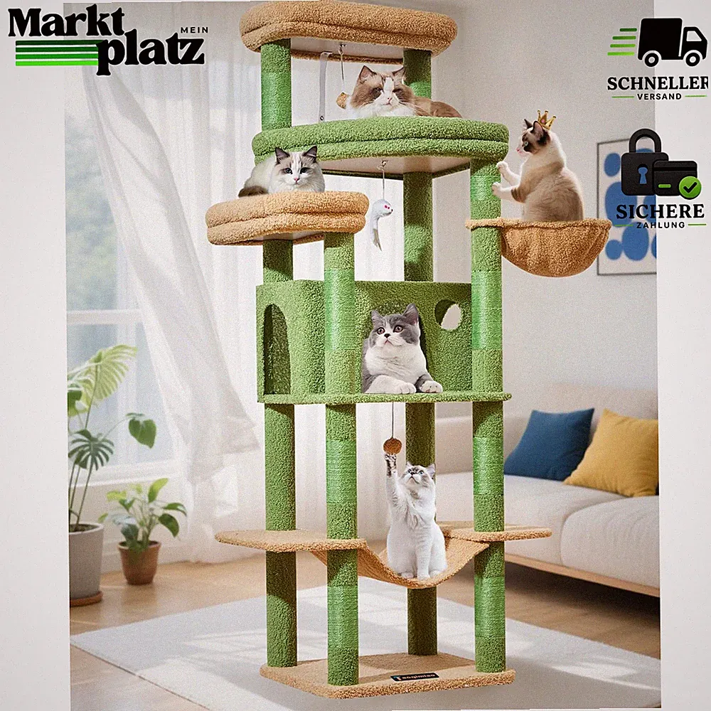 Kratzbaum XXL 180cm für Große Katzen mit Hängematte, Plattform und 9 Kratzsäulen