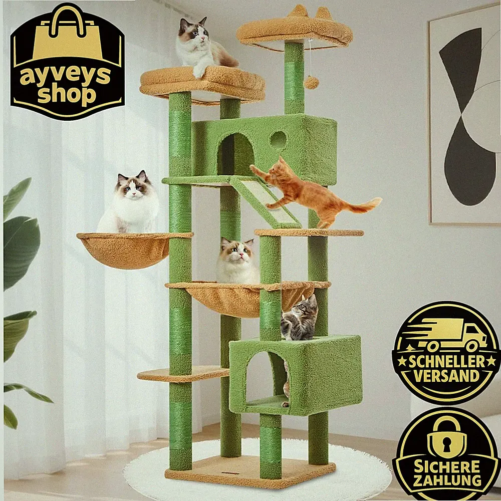 Kratzbaum XXL 180cm Stabil 8 Kratzsäulen Mehrstöckig für Große Katzen Grün