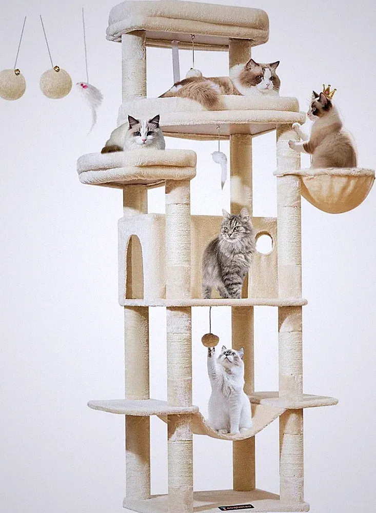 Kratzbaum XXL 180cm Stabil Mehrstöckig 9 Kratzsäulen Beige für Mehrkatzen