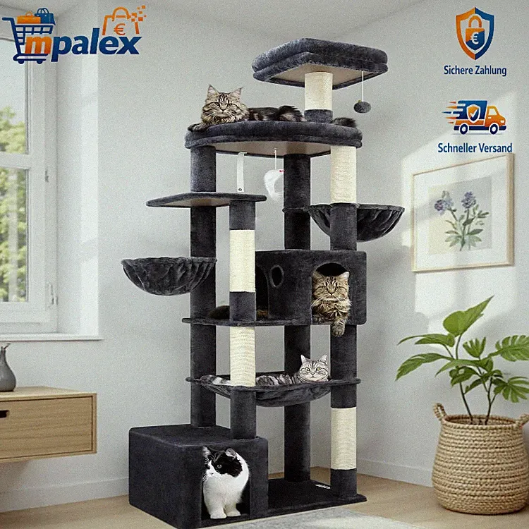 Kratzbaum XXL 193cm Hoch mit 2 Katzenhäusern Hängematte Plattform Katzen