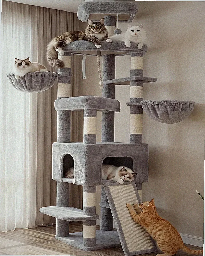 Kratzbaum XXL 210 cm Extra Hoch Hellgrau Katzenbaum für Katzen Haustier