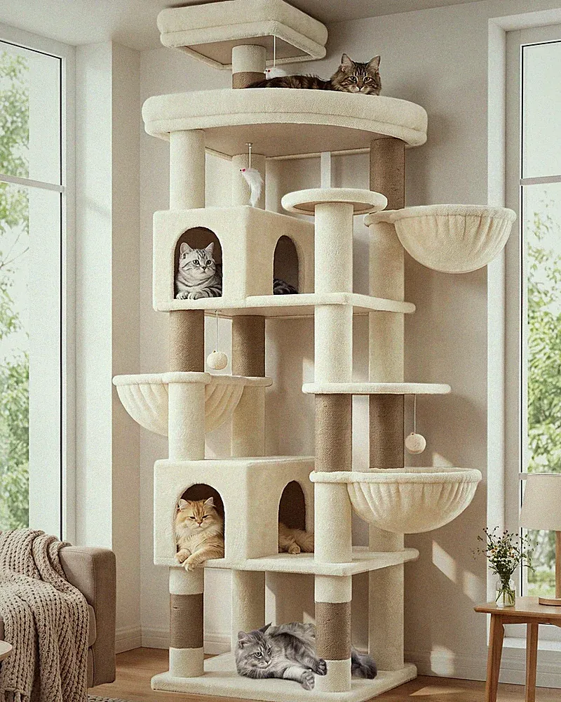 Kratzbaum XXL 210cm Große Katzen Stabil Luxus Katzenbaum 2 Katzenhaus Beige