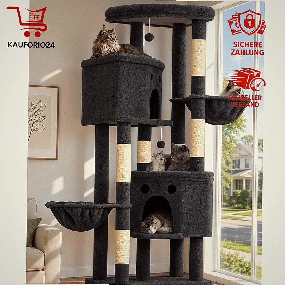 Kratzbaum XXL 213cm Grau mit 5 Kratzsäulen 6 Plüschbällen für große Katzen