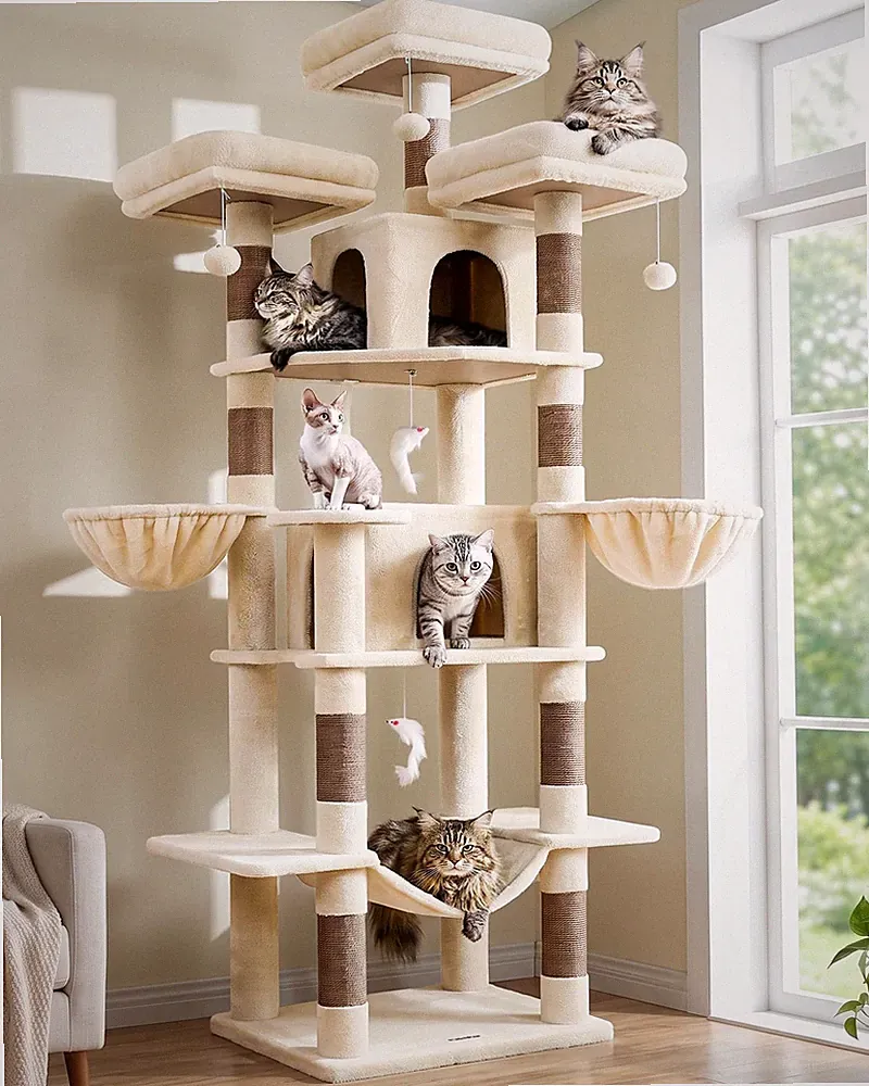 Kratzbaum XXL Beige 204cm Hängematte Katzenhaus Plüsch für Katze Kätzchen Indoor