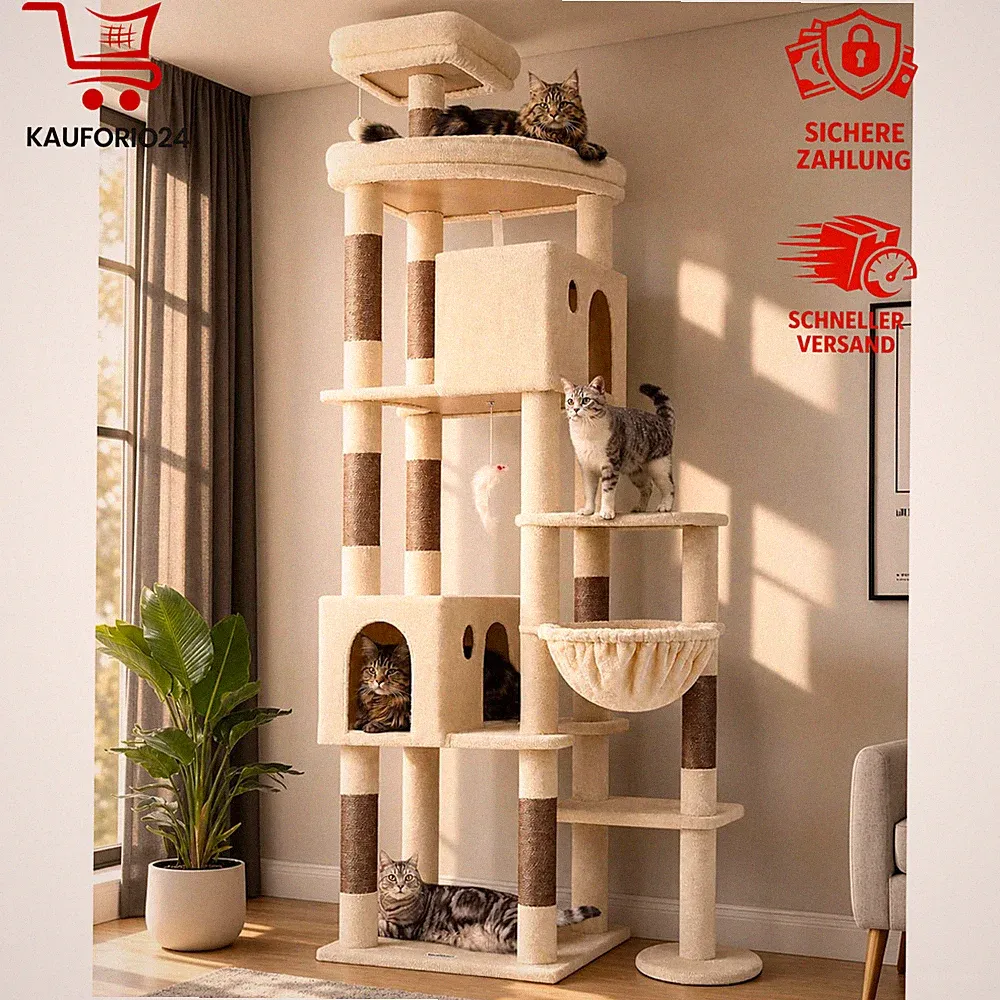 Kratzbaum XXL Beige 213 cm Stabil für Große Katzen Katzenbaum F83