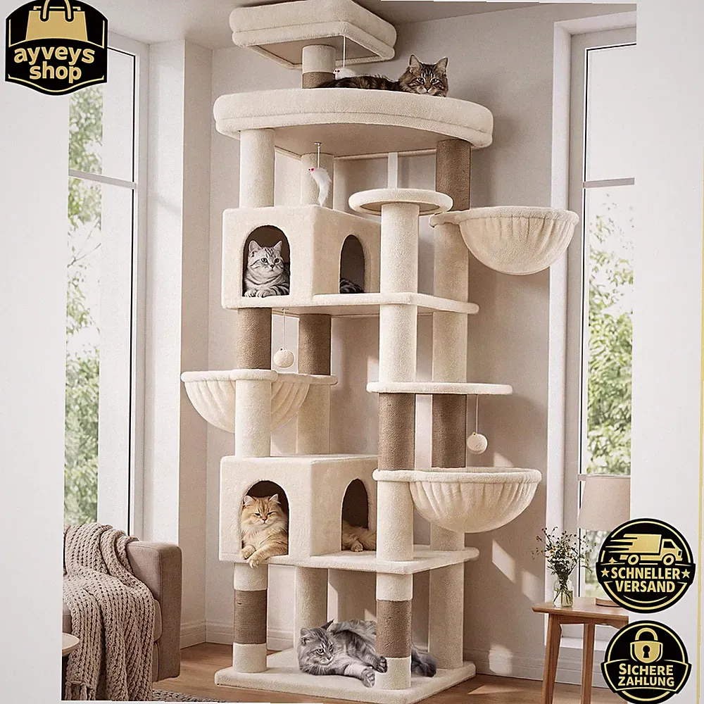 Kratzbaum XXL Beige Stabil 210cm für Mehrere Große Katzen Katzenbaum