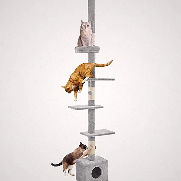 Kratzbaum XXL deckenhoch 226cm-265cm mit Katzenhaus Kratzsäulen Plattformen Grau