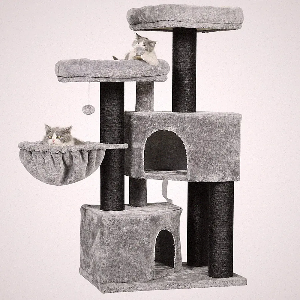 Kratzbaum XXL für Katzen mit 2 Höhlen und 2 Aussichtsplattformen hellgrau