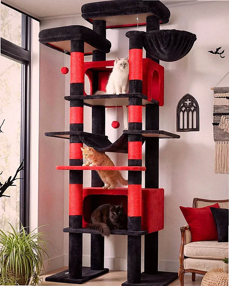 Kratzbaum XXL Gotisch Schwarz Rot 213 cm Hoch mit 2 Große Katzenhaus 50*30*30...