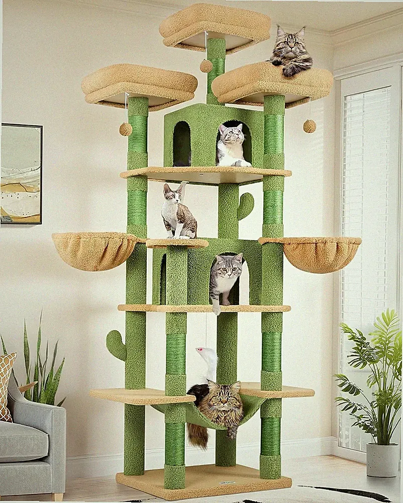 Kratzbaum XXL Grün Kaktus Stabil 204cm für 2-4 Katzen mit 3 Sitzstangen