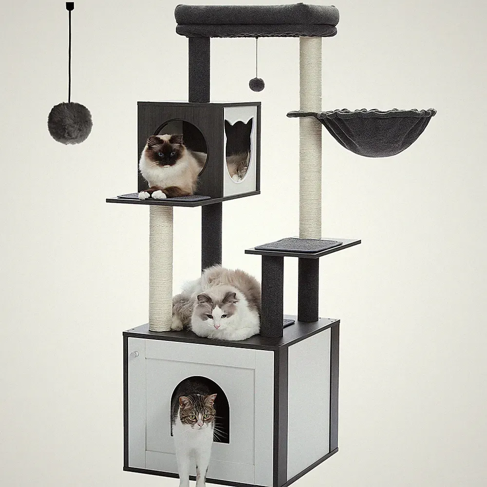 Kratzbaum XXL Katzenbaum Holz mit Katzenklo Katzenschrank Katzentoilette 144cm