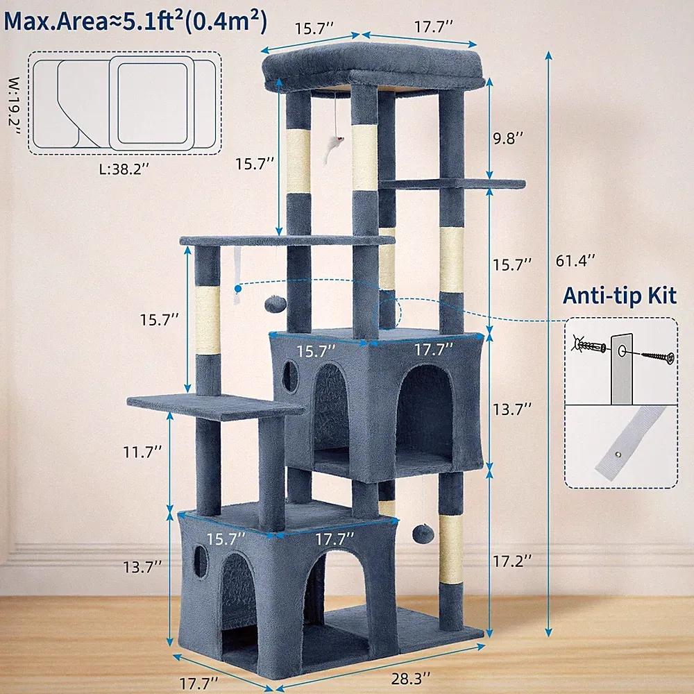 Kratzbaum XXL Kratzbaum Holz große Katzen Stabil 61,4'' Kletterturm Spielzeug