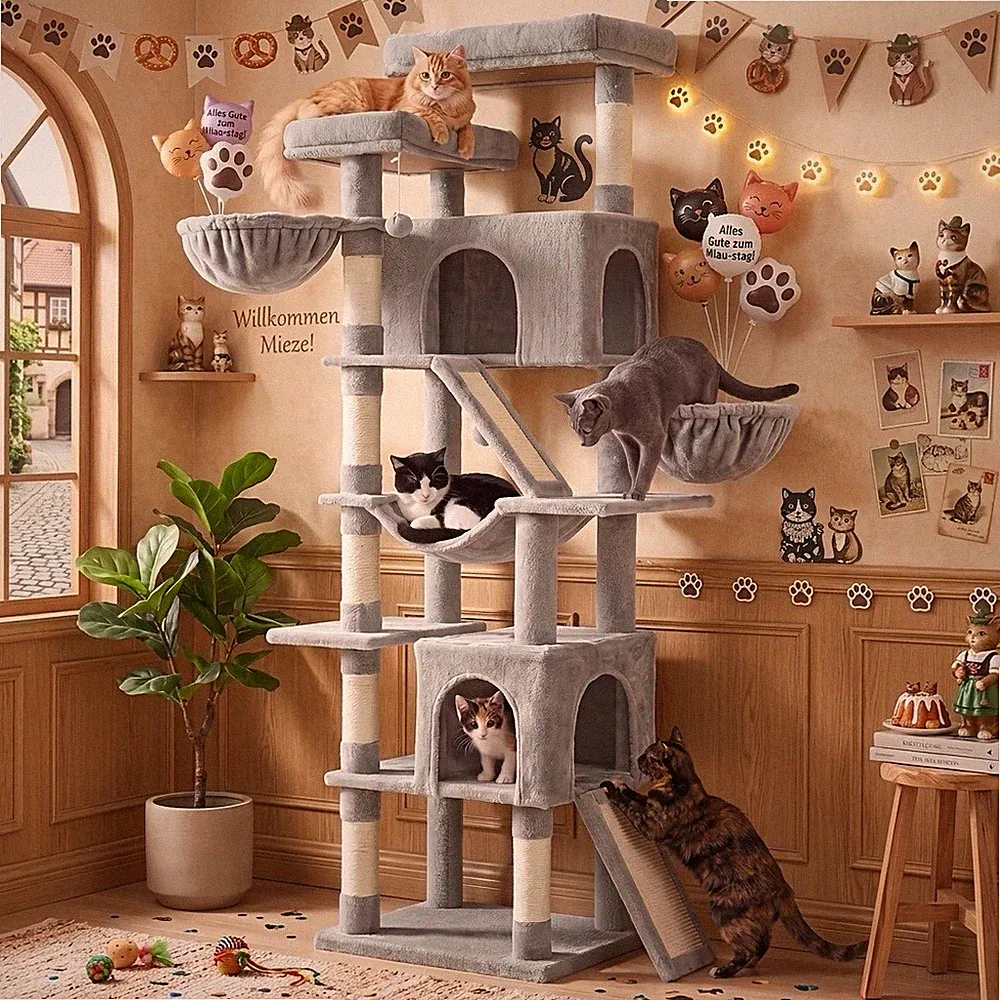 Kratzbaum XXL mit Kratzflächen, für große und kleine Katzen mit 7 Ruhezonen