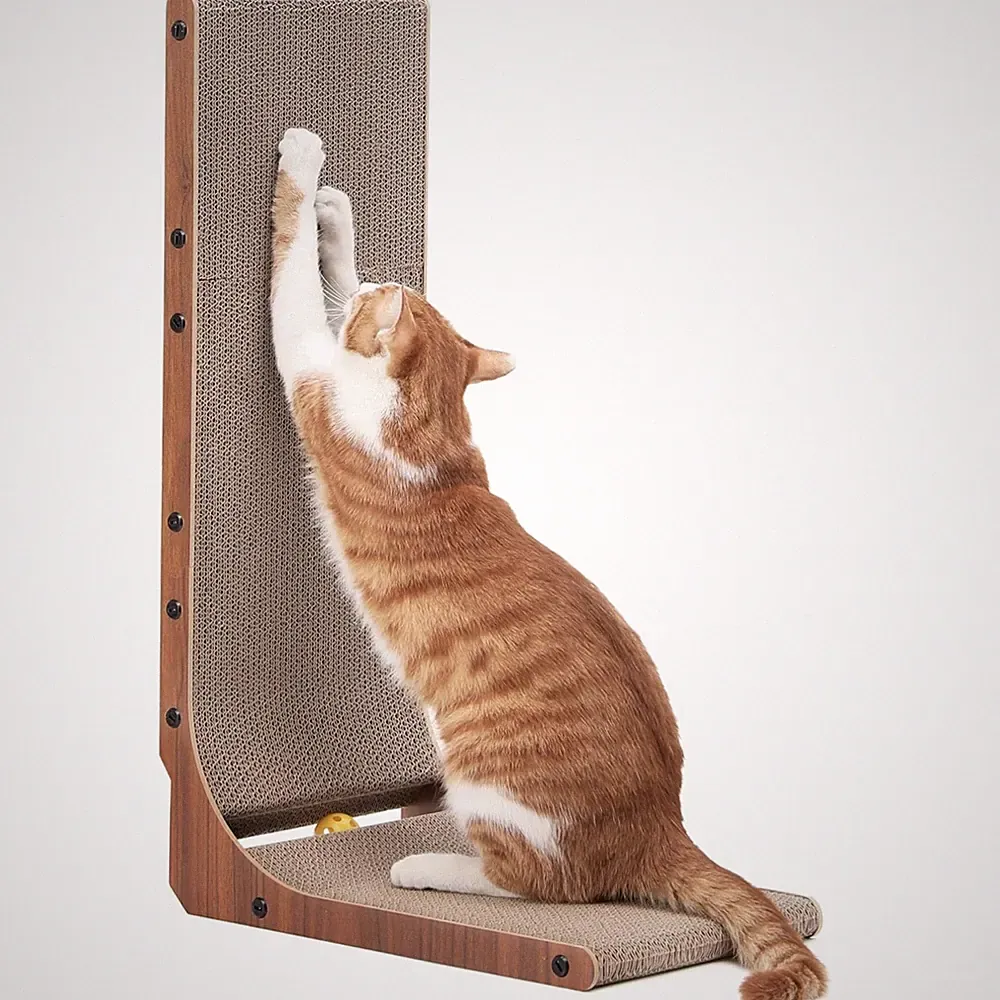 Kratzbrett Katze L-Form Kratzpappe Spielzeug Nussbaum Möbelschutz