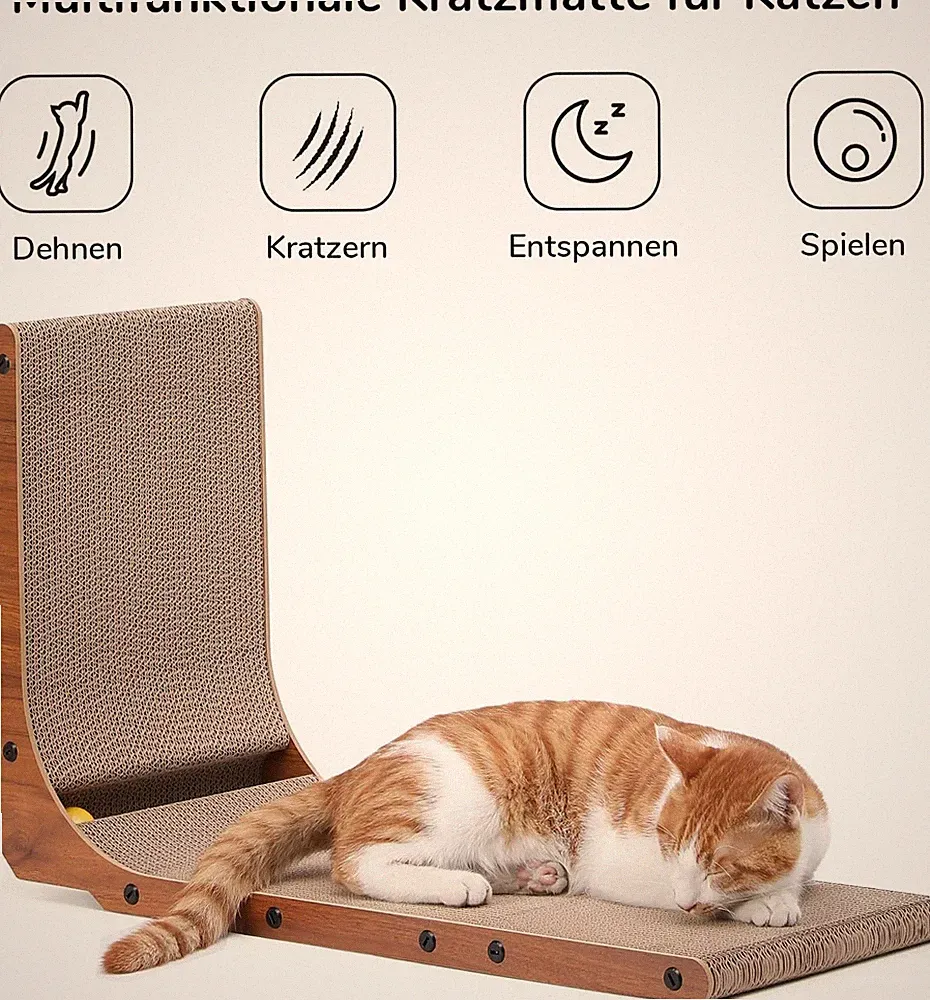 Kratzbrett L-Form Nussbaum mit Spielzeugball 68cm aus Wellpappe für Katzen