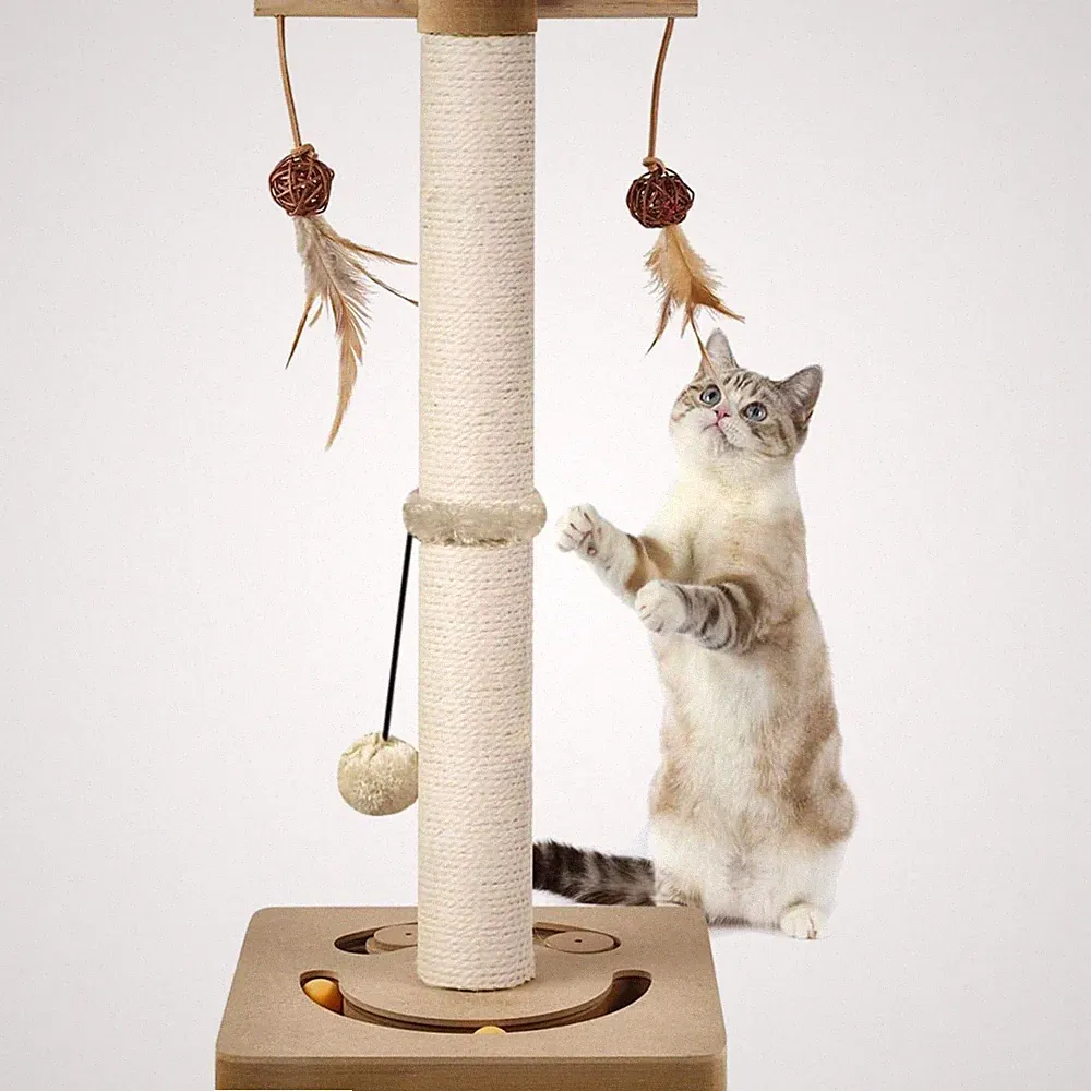 Kratzsäule Katzen Kratzbaum mit Spielzeug Sisal Modern 63cm beige