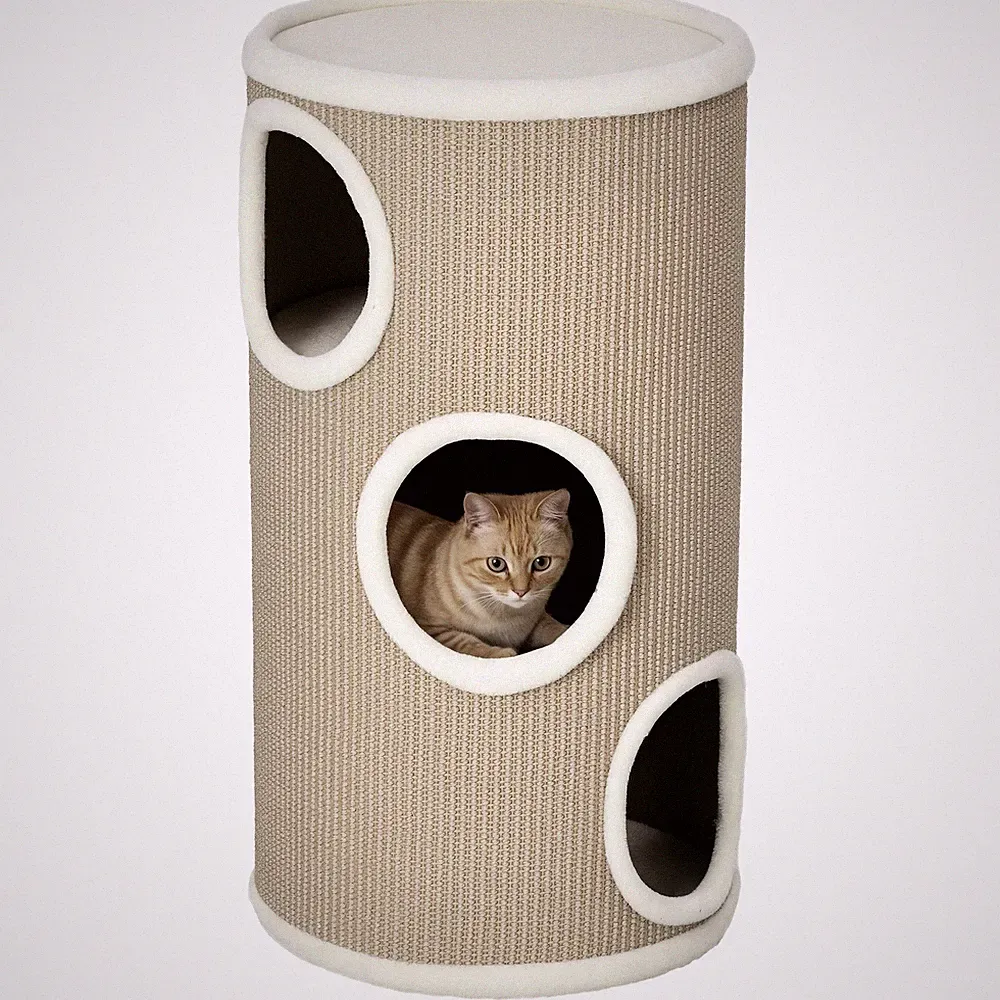 Kratztonne, Spieltonne für Katzen, Katzenbaum mit 3 Höhlen, Kratzturm, Braun
