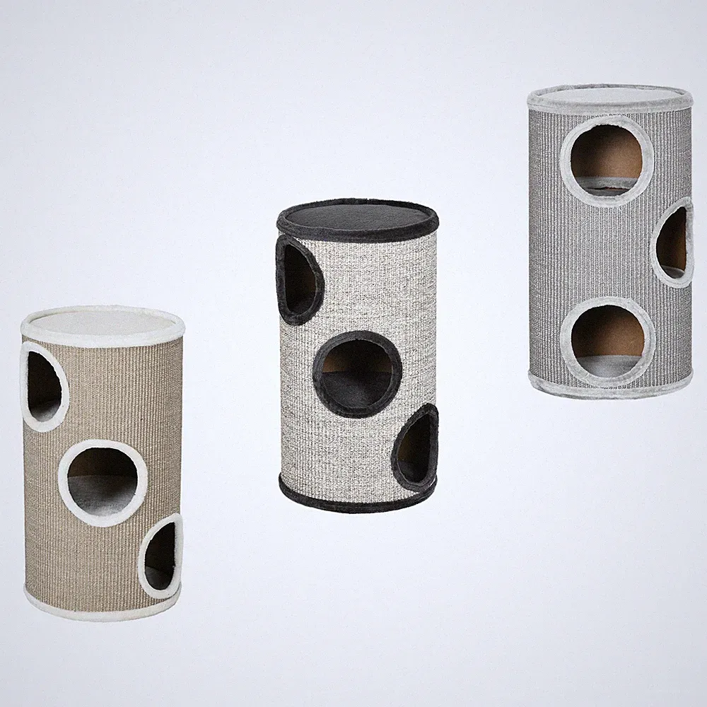 Kratztonne, Spieltonne für Katzen, Katzenbaum mit 3 Höhlen, Kratzturm