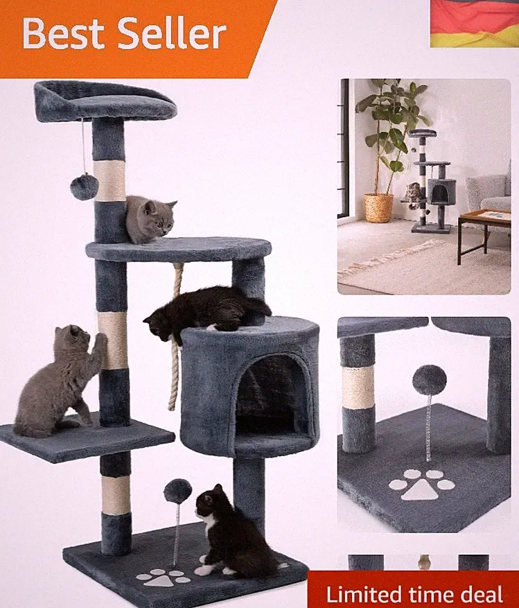 lionto Kratzbaum für Katzen mit 2 Plüschbällen & Spielseil, Höhe 112 cm, Katz...