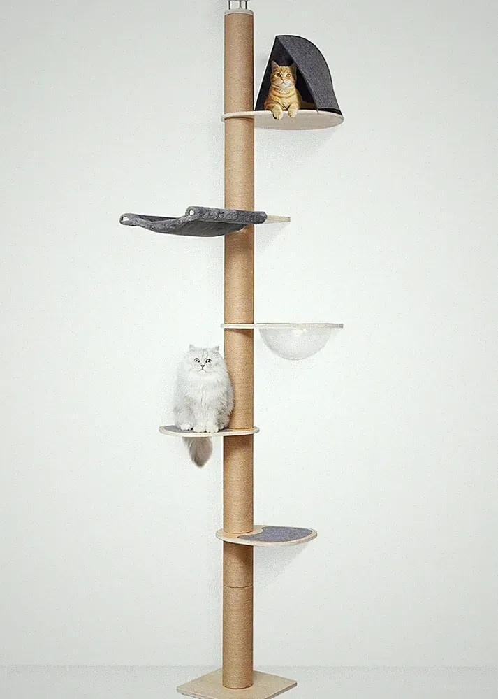 Luxuriöser Wandmontage-Kratzbaum für Katzen, 6 Etagen, Gummibaumholz, Grau