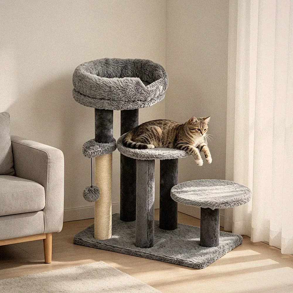 Mehr‑Ebenen Kratzbaum für Katzen, Sisal‑Kratzsäulen mit Aussicht Liege & Spielba