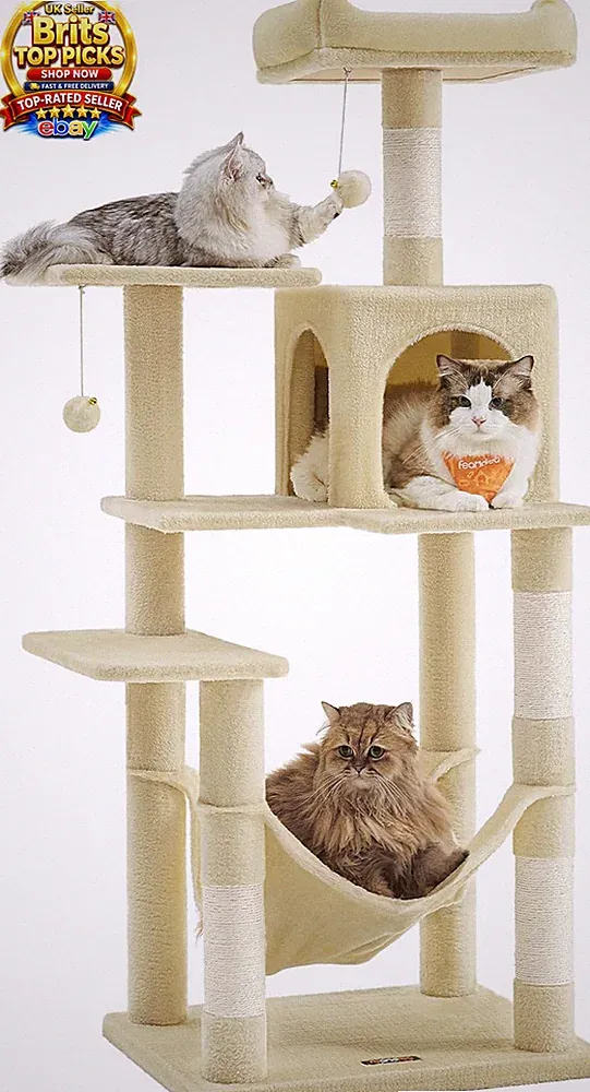 Mehrstufiger Plüsch Katzenbaum mit Kratzbäumen, Sitzstangen und Hängematte, rosa