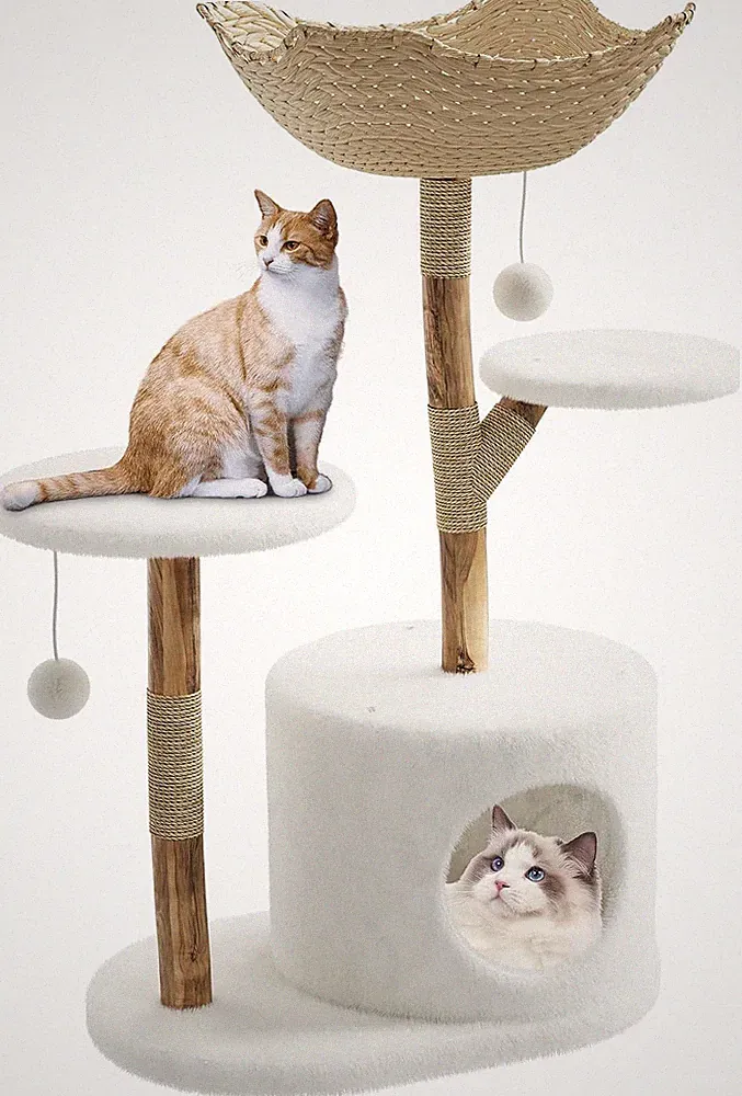Moderner Katzenbaum Aus Massivholz & Rattan – Mehrstöckiger Kratzbaum Mit Natürl