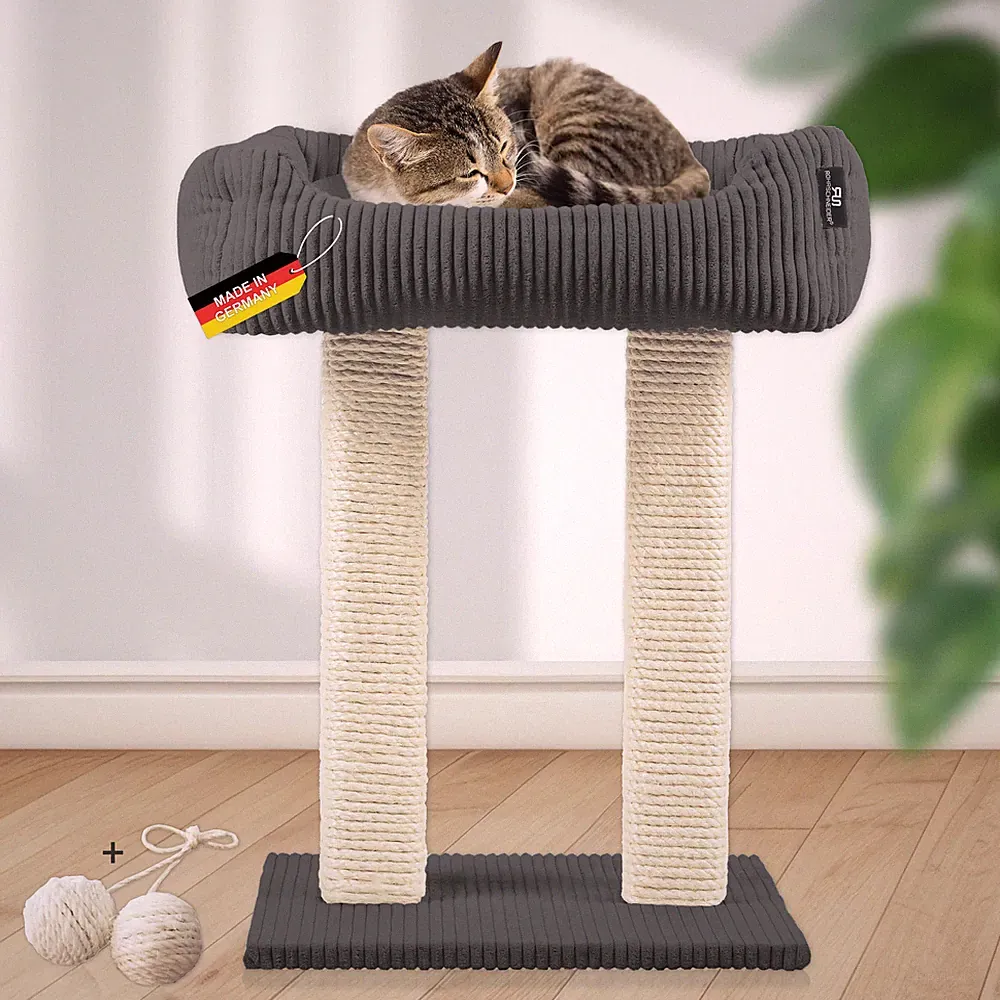 Moderner Kratzbaum Wolly | 2 Kratzsäulen | Katzenbett Cord | versch. Farben