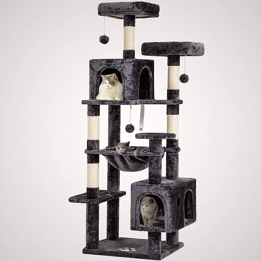 MSmask Katzenbaum Dunkelgrau, 160 cm, mit 2 Plattformen und 2 Höhlen