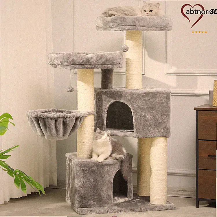MSmask Kratzbaum XXL für Große Katzen, 2 Ebenen, Hellgrau Weiß Sisal, 60x40x126