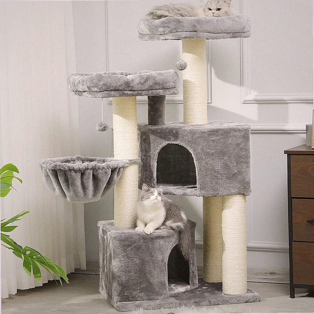 MSmask Kratzbaum XXL für Katzen mit 2 Höhlen, 2 Plattformen, Hellgrau Weiß