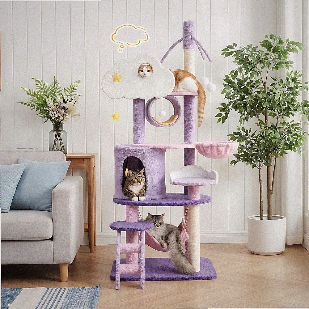 NEU Katzenbaum für Wohnungskatzen 160cm Kletterturm Kratzbaum mit Leiter, Lila